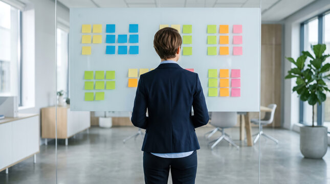 Business risk insurance planning supports collaborative strategy as anonymous professional organizes colorful notes in modern office.