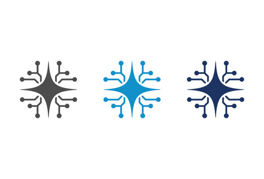 Abstract digital technology star logo set with circuit board lines and nodes.