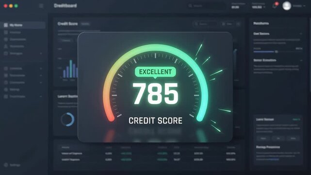 Low credit score gauge displayed in the center of digital financial dashboard interface with analytical charts data tables and metrics visible in the blurred background