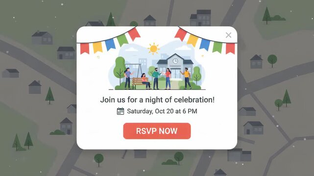 Diverse people socializing at neighborhood gala event in front of community building set against stylized suburban map background with houses and trees