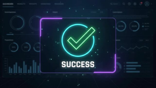 glowing neon checkmark symbol illuminates the word success on digital screen set against dark background featuring complex data analytics dashboards charts and financial interface metrics