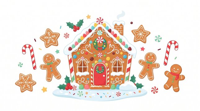 Cute Christmas gingerbread house with cookies, candy canes, and gingerbread men vector design