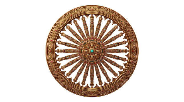 Ornate golden dharmachakra wheel with turquoise accents isolated on transparent background