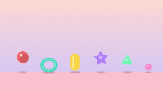 Abstract geometric shapes bouncing in row on pink gradient background with minimalist 3d motion graphics style