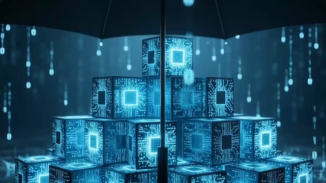 Cybersecurity Concept: Umbrella Protecting Digital CPU Chips from Binary Code Rain.