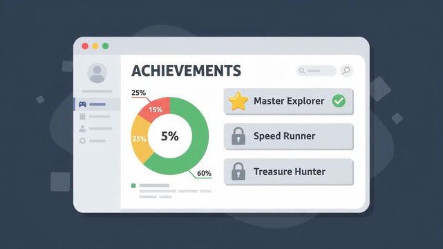 Digital dashboard displays user achievements with progress chart star icons and locked status labels on clean interface against dark minimalist abstract background