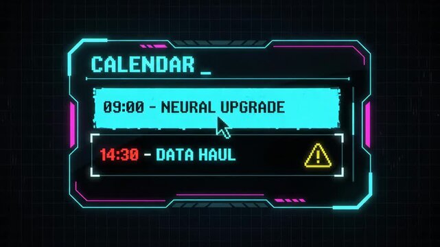 futuristic digital calendar interface displays scheduled neural upgrade task within glowing cyan and magenta frame set against dark grid background