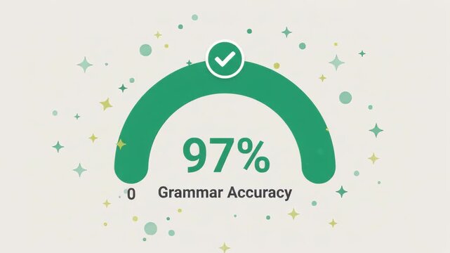 green arched progress gauge showing ninety-seven percent grammar accuracy centered on light gray digital background representing text quality analysis and data visualization performance metrics