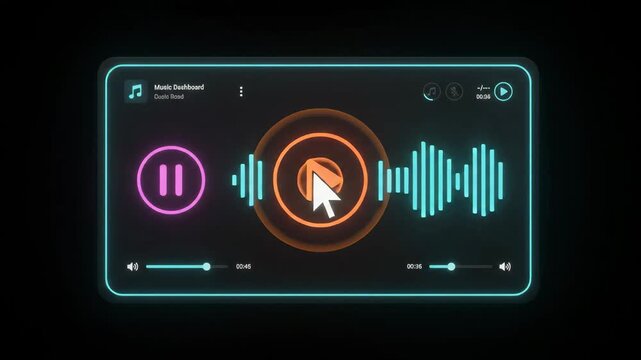 cursor interacts with digital music player interface on dark screen featuring glowing neon audio waveforms and playback controls for sleek modern visual experience
