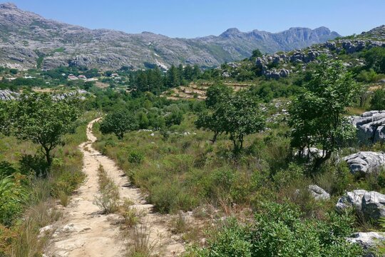 Dirt path winding through a rocky, vegetated mountain landscape