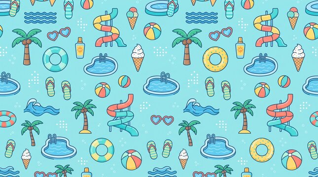 Seamless summer waterpark vector pattern icons with slides, pools, and palm trees