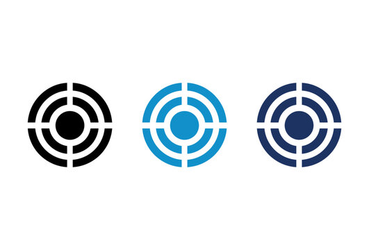 Abstract circular target icons in black and blue colors for technology and data visualization.