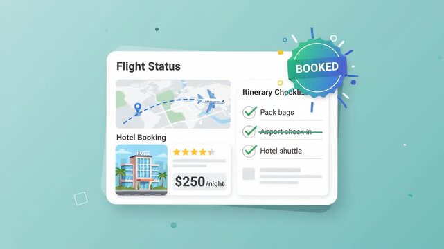 digital interface displaying flight status tracking and hotel booking information presented in floating panel over soft abstract blue background