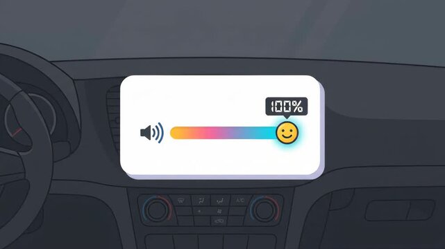 Digital volume slider with happy emoticon icon displayed on car dashboard screen set at zero percent in the dark interior of vehicle