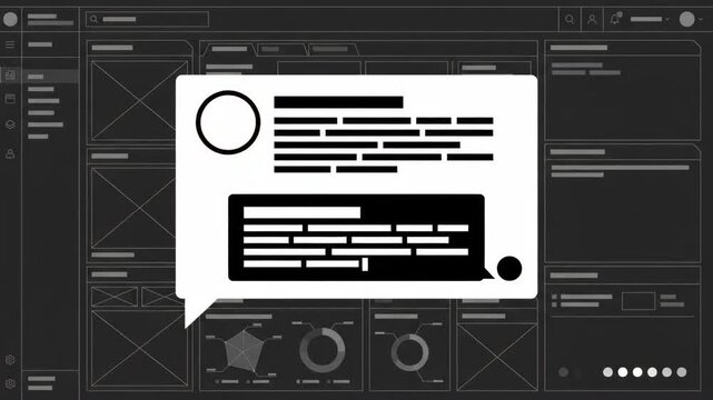 chat bubble notification icon floats over wireframe layout featuring multiple data charts and grid structures in the background representing website or application user interface design