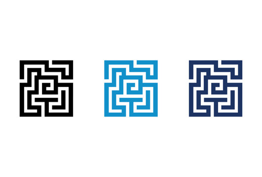 Set of three square maze icons in black light blue and dark blue colors.