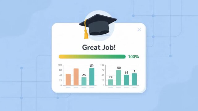 Graduation cap icon with progress bar and Great Job text displayed in digital popup window against light blue background with abstract linear patterns