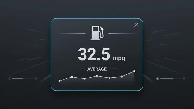 digital dashboard display showing average fuel efficiency in miles per gallon on modern vehicle interface with motion blur streaks radiating from the center on dark background
