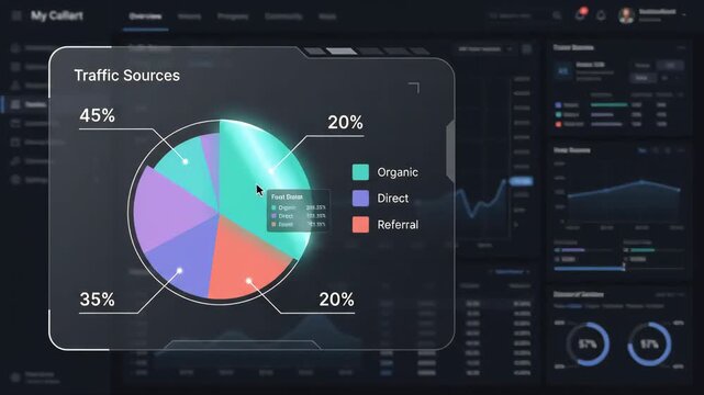 glowing digital pie chart displaying traffic source percentages floating over dark modern data analytics dashboard interface with various financial charts and performance metrics in the background