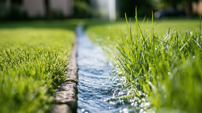 Water flowing in a grassy ditch