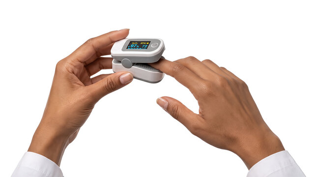 Doctor placing a white pulse oximeter clip on a fingertip showing oxygen saturation and heart rate isolated on transparent background PNG