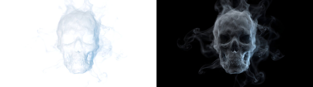 Skull formed from swirling blue smoke for Halloween and horror designs in PNG, Transparent and Black Background Versions