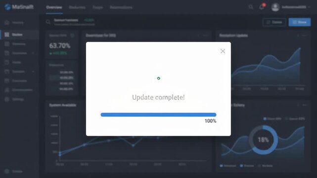 computer mouse cursor clicks the update button on system update notification window displayed over blurred professional digital dashboard interface showing various data analytics and business char