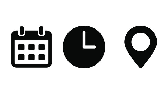 Minimalist calendar, clock, and location pin vector icons featuring sleek black graphic silhouette shapes