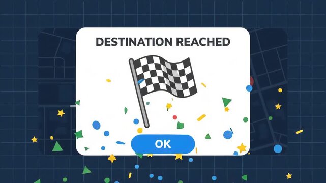 graphic featuring checkered flag and the text Destination Reached displayed on white notification card over digital map background representing navigation goal achievement and location