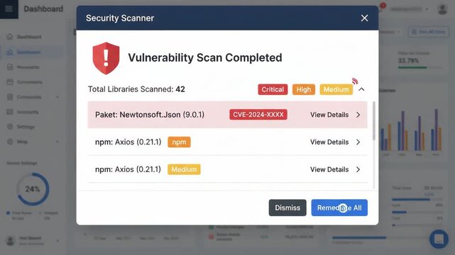 digital security scanner notification window displaying completed vulnerability scan with detected threats over blurred software dashboard interface background