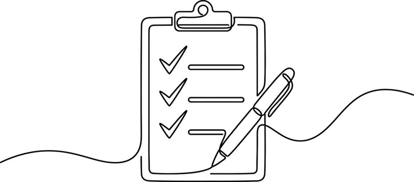 Clipboard with checklist and pen in continuous line style