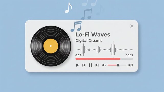 minimalist digital music player interface displays spinning vinyl record and an active sound wave set against soft blue background with floating musical notes representing audio playback