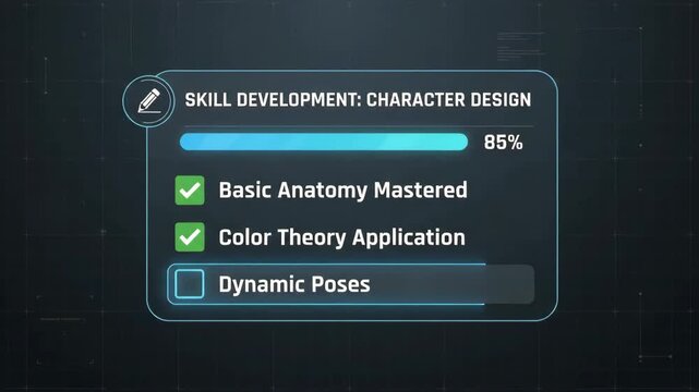 digital interface displays character design skill development progress bar with an anatomy task completed set against dark tech-inspired grid background with glowing neon UI elements