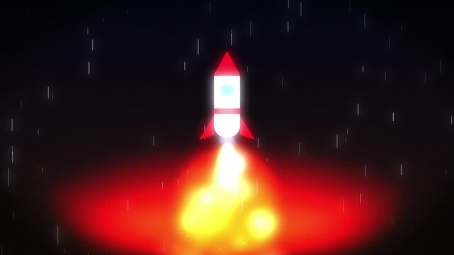 Minimalist cartoon rocket launching into deep space with bright fire trail against dark starry background clip