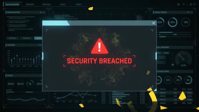 yellow broken padlock icon representing digital security breach displayed in the center of futuristic computer interface with complex data analytics and network lines in the background