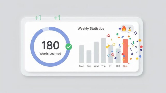 Weekly statistics user interface showing words learned progress in circular gauge and bar chart on clean soft-shadowed digital background