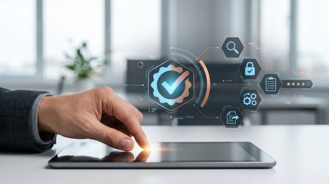 Businessman using digital tablet with quality assurance and business process management icons, showing checkmark symbol for compliance and standards certification