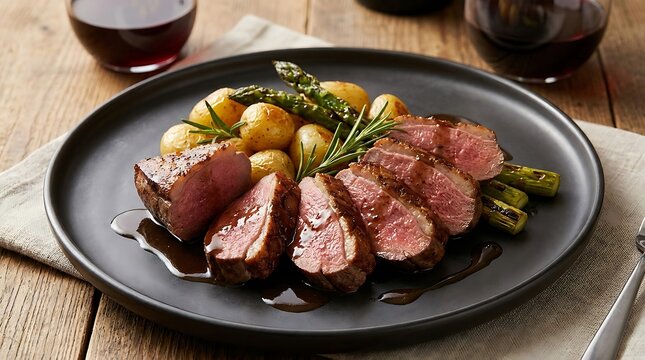 Roasted pork tenderloin slices with potatoes and green asparagus on a black plate on wooden table. Kangaroo meat recipes