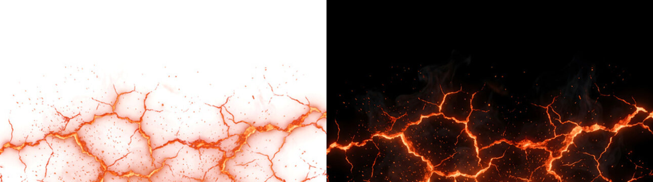 Cracked ground with glowing molten lava veins and floating sparks for fiery designs in PNG, Transparent and Black Background Versions