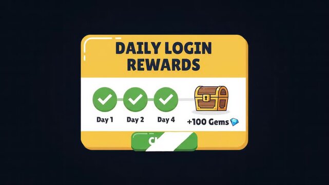 Digital daily login reward pop-up window with glowing stars and checked progress markers displayed on dark grid background for mobile game interface