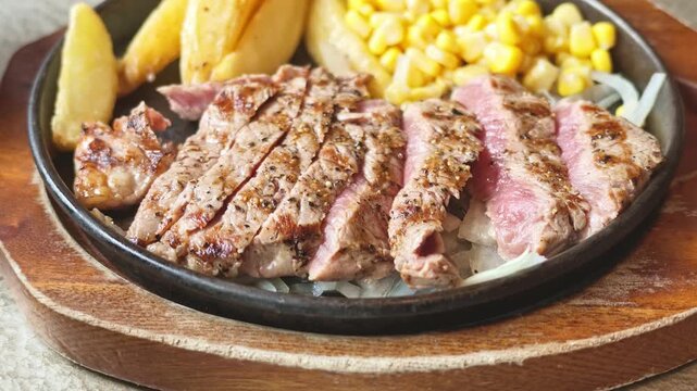 熱々の鉄板に盛り付けられた美味しそうなカットステーキ（シズル感・肉料理）