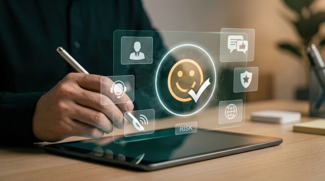 Businessman using a digital tablet with a holographic interface showing customer satisfaction and risk management icons