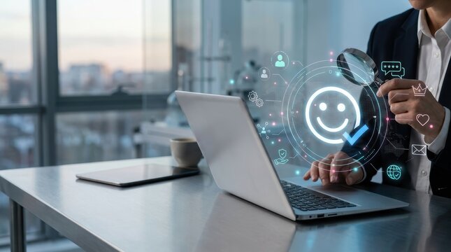 Business professional analyzing customer satisfaction and user experience feedback using digital interface and magnifying glass on laptop