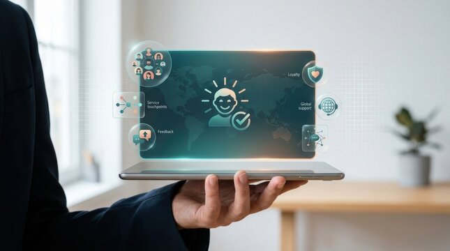 Business professional holding a tablet with digital customer experience and global service support icons interface