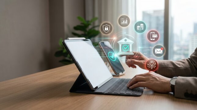 Businessman using tablet and smartphone for secure online banking and digital financial services with virtual interface icons