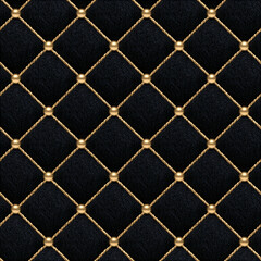 Fototapeta premium Seamless pattern black velvet fabric forming a quilted pattern, featuring golden beads and twisted ropes. Capturing elegance and rich texture