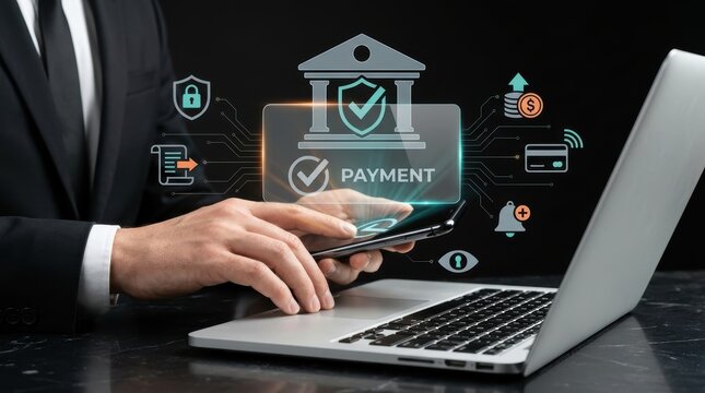 Businessman using a smartphone for secure online banking and payment transactions, surrounded by futuristic financial and security icons