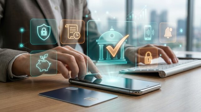 Digital banking and financial security concept with smartphone, credit card, and holographic icons representing secure transactions and account management