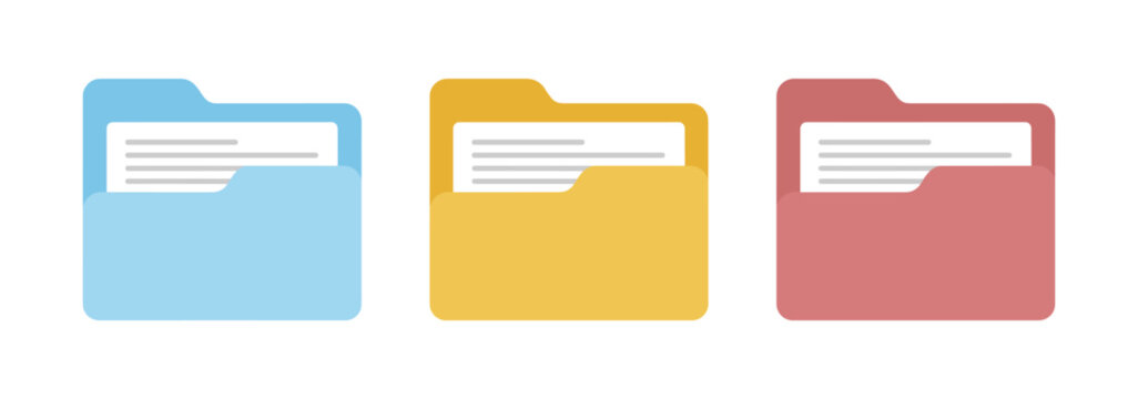 Three flat icons of document folders in light blue, mustard yellow, and muted red, isolated on white background
