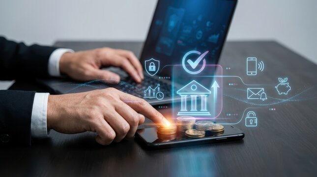 Businessman using smartphone and laptop with digital banking and financial technology icons, concept of secure online banking and investment growth